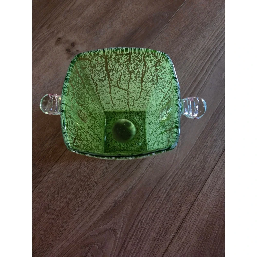 Vintage Green Crackle Art Glass Vase Square Tapered with Clear Handles